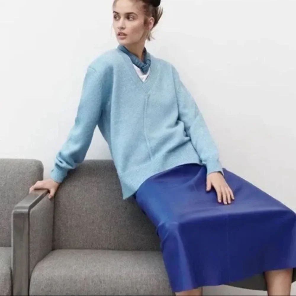 Zara Light Blue V Neck Wool Blend Side Slit Cozy Oversized Slouchy Sweater